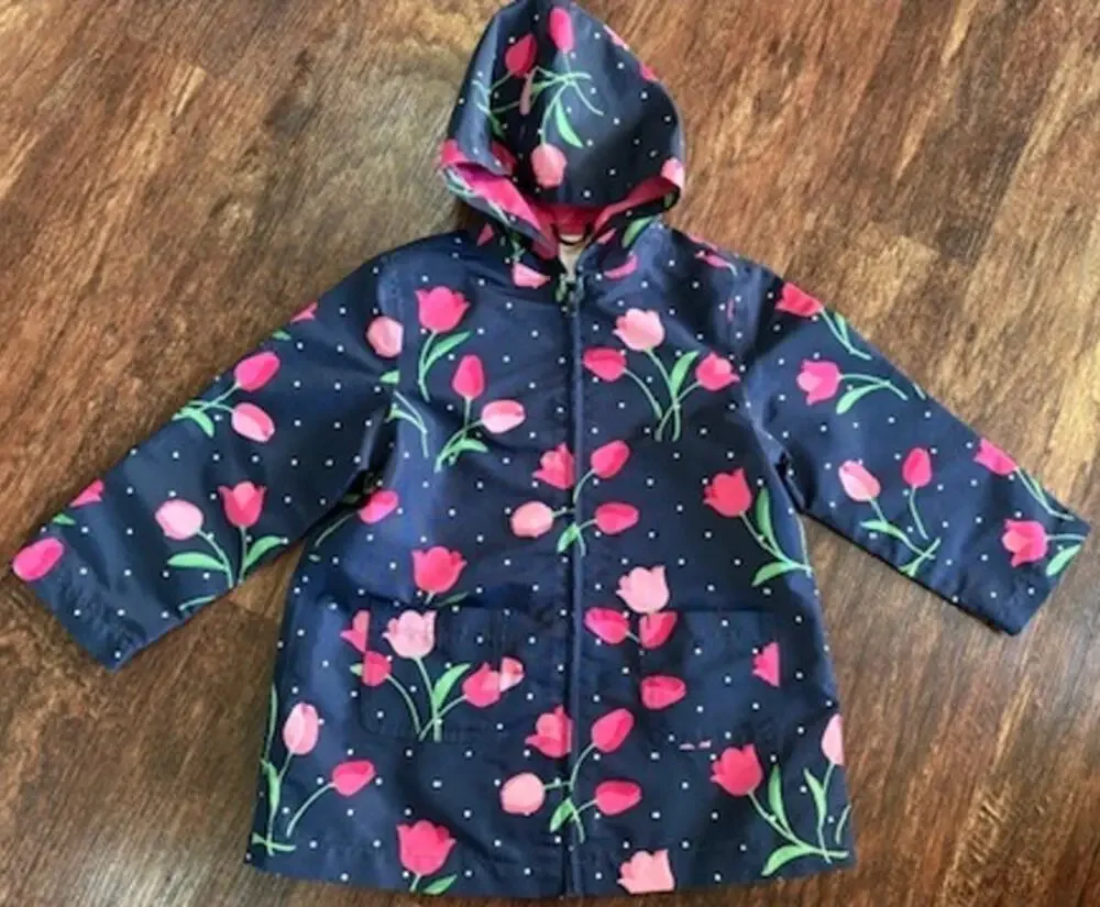 Gymboree Girls Size 3-4 Blue Floral Rain Coat Hooded Light Jacket EUC